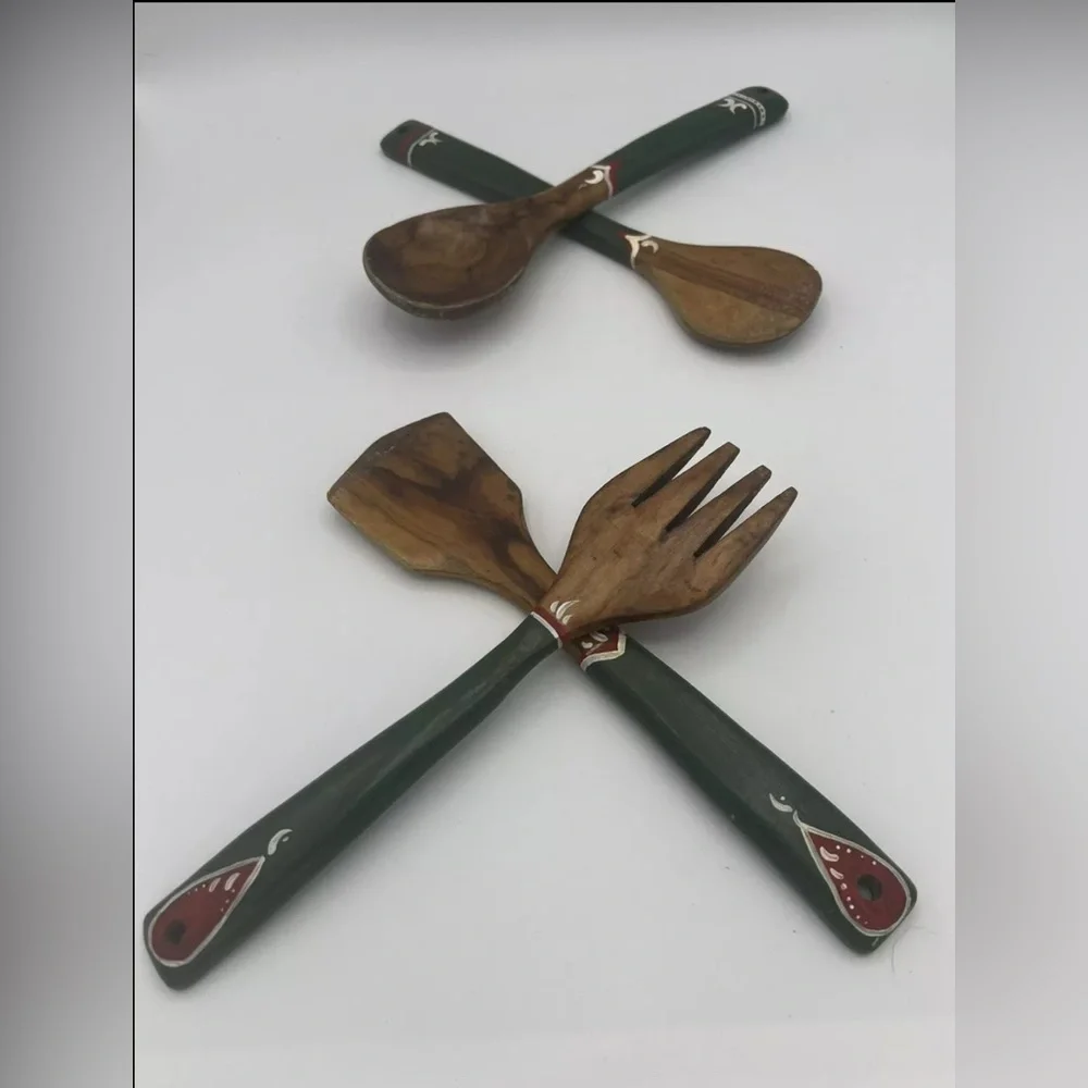 Old Hand Painted Wooden Salad Servers - 4 Pcs 9.5